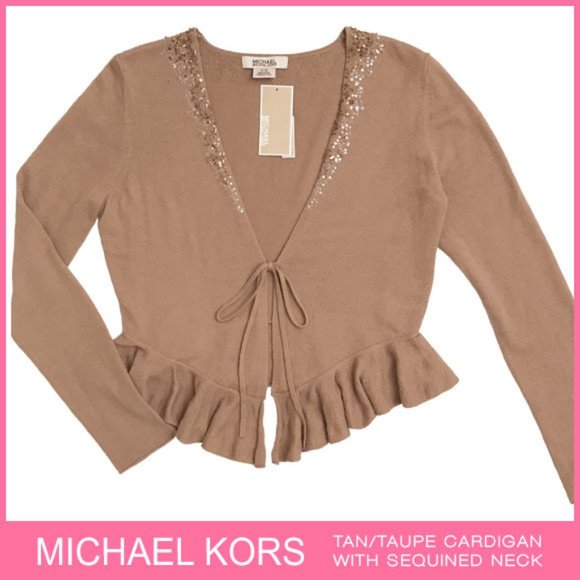 Michael Kors Tan/Taupe Cardigan With Sequined Neck Size P/M - Picture 1 of 6